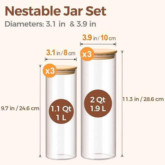 ComSaf Glass Food Storage Jars Set of 6, Tall Glass Storage Containers with Lids, Spaghetti Jar, Canisters Set for the kitchen, Pasta, Flour, Nuts, Oat, Coffee and Sugar Container, Pantry Organization