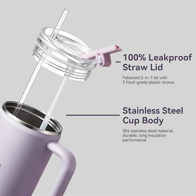 Gpeng 30/40/50 oz Tumbler with Handle, Water Bottles with Straw Lid, Insulated Stainless Steel Travel Mug Cup Holder Friendly, Keep Drinks Cold or Hot for Hours
