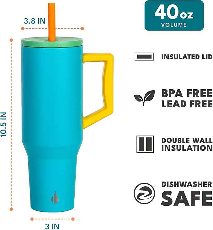 Elemental 40 oz Tumbler with Handle and Straw - Spill Proof Insulated Stainless Steel Commuter for Cold Beverages - Travel Coffee Mug with 2 Straws & Spill Proof Lid - 40oz- Blue Lagoon
