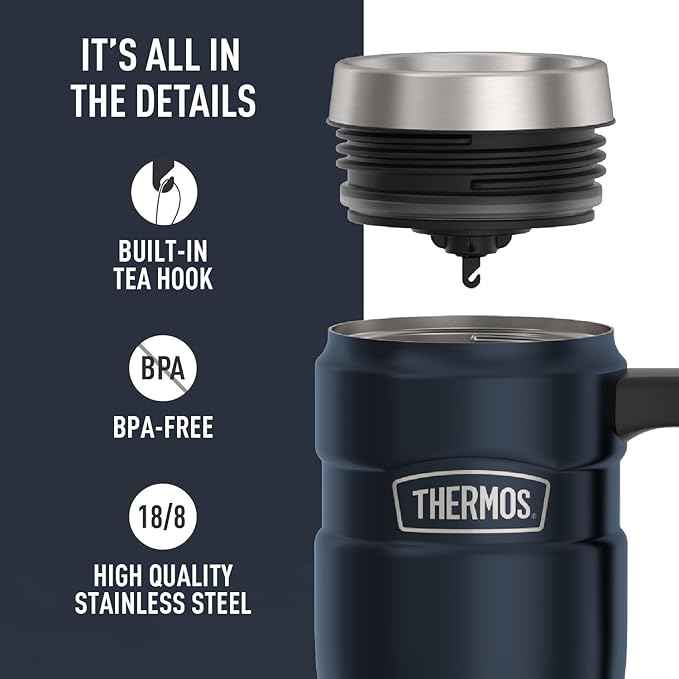 THERMOS Stainless King Vacuum-Insulated Travel Mug with Handle - 16oz, Midnight Blue - Thermos Tumbler for Hot & Cold Drinks - Leak & Sweat-Proof Stainless Steel Coffee Mug with Lid for Commuting