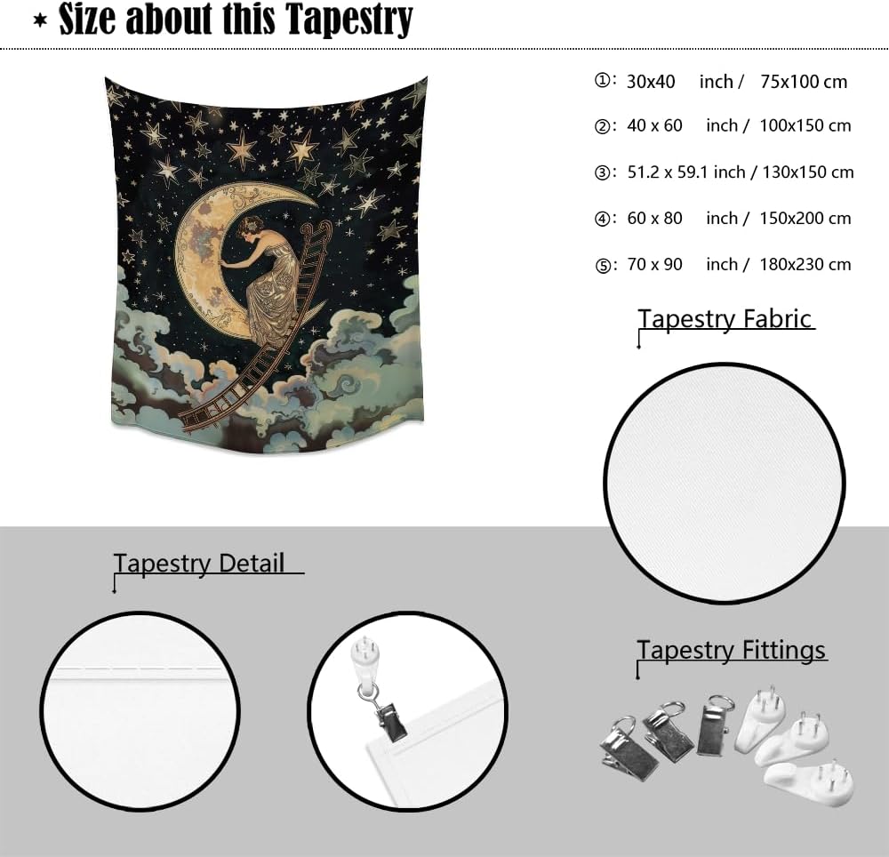Dark Academia Gothic Aesthetic Tapestry ladder to The Moon and Stars Wall Hanging Print Trendy Vintage Art Nouveau Tapestries Decor for Home Bedroom Living Room 40x60inch