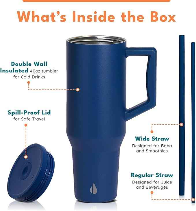 Elemental 40 oz Tumbler with Handle and Straw - Spill Proof Insulated Stainless Steel Commuter for Cold Beverages - Travel Coffee Mug with 2 Straws & Spill Proof Lid - 40oz - Navy Blue