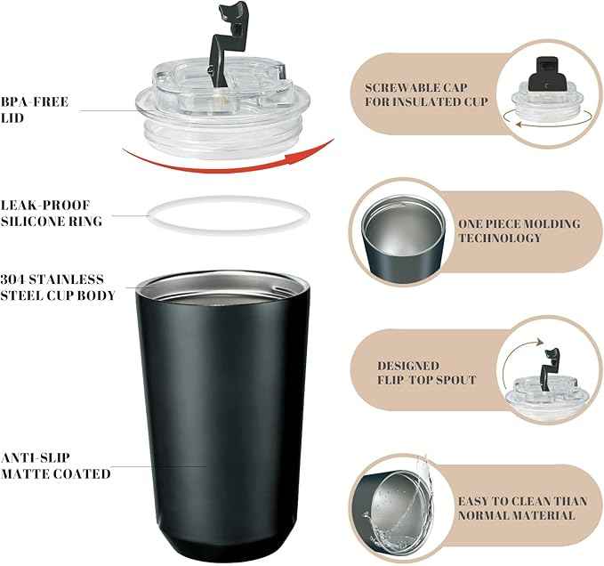 Puraville Insulated Tumblers with Lid, 14 oz Travel Coffee Mug Stainless Steel Vacuum Cup, Leak Proof Reusable Double Walled Coffee Tumbler for Iced and Hot Drinks, Black