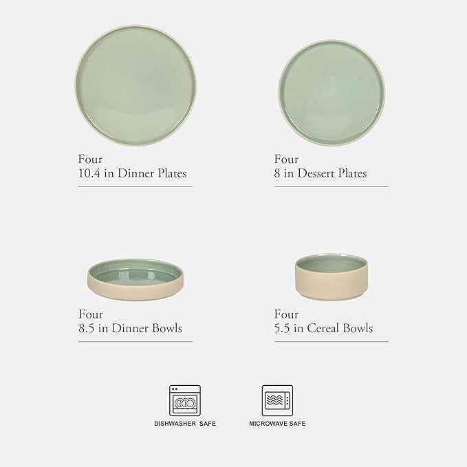 Gibson Elite Liberty Bay 16-Piece Pottery Clay Stoneware Dinnerware Set – Mint Green Reactive Glaze, Stackable Plates and Bowls W/Pasta Bowl, Service for 4 – Microwave & Dishwasher Safe