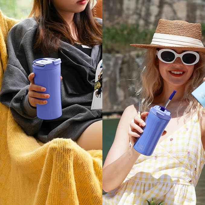 BOTTLE BOTTLE Coffee Tumbler with Dual-use Lid and Straw Double Walled Iced Travel Coffee Mug for Woman and Man 12 oz Stainless Steel Insulated Tumbler with Handle (purple)
