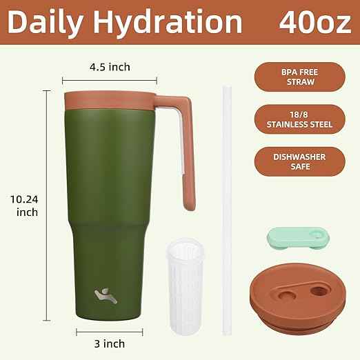 Konokyo Insulated Tumbler with Handle and Straw,40 OZ Vacuum Stainless Steel Water Bottle Travel Mug Metal Cup with Fruit Diffuser,Forest Green