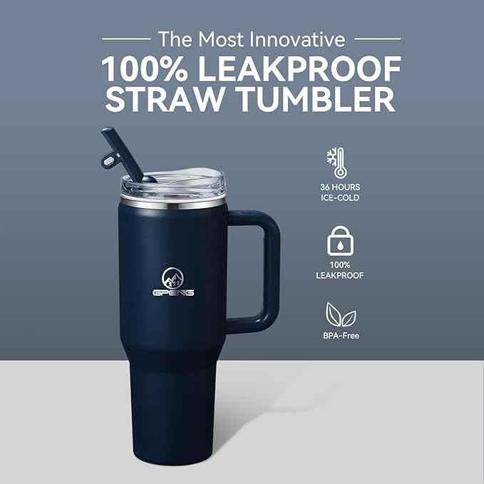 Gpeng 30/40/50 oz Tumbler with Handle, Water Bottles with Straw Lid, Insulated Stainless Steel Travel Mug Cup Holder Friendly, Keep Drinks Cold or Hot for Hours (DeepBlue, 40 oz)