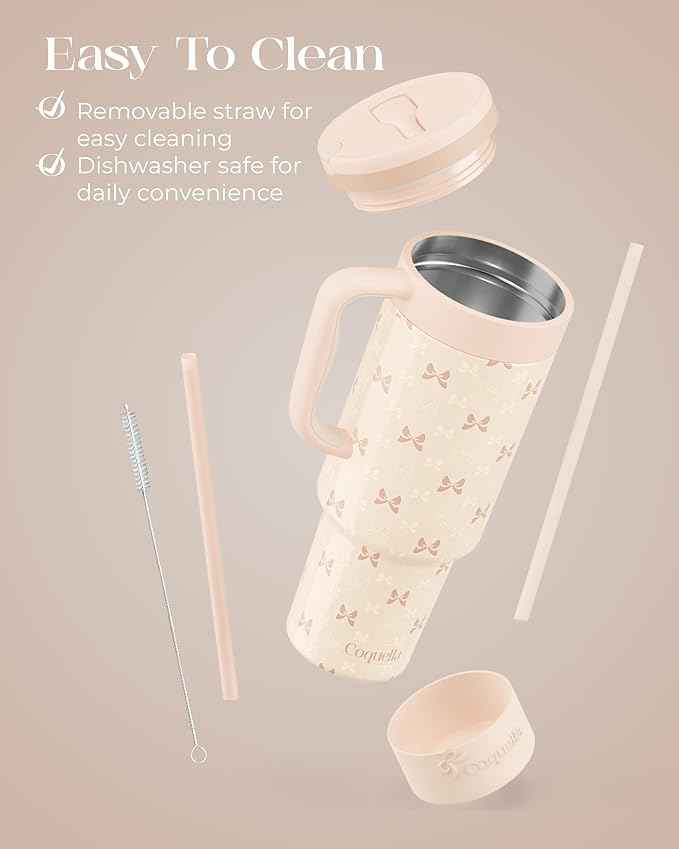 40 oz Insulated Tumbler with Handle and Push-Button Straw Lid, Stainless Steel Travel Cup for Gym Office, Leakproof, BPA-Free, Cup Holder Friendly, Bow Silicone Boot, Cream (Bow Cream)