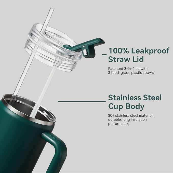 Gpeng 30/40/50 oz Tumbler with Handle, Water Bottles with Straw Lid, Insulated Stainless Steel Travel Mug Cup Holder Friendly, Keep Drinks Cold or Hot for Hours (PeacockGreen, 30 oz)