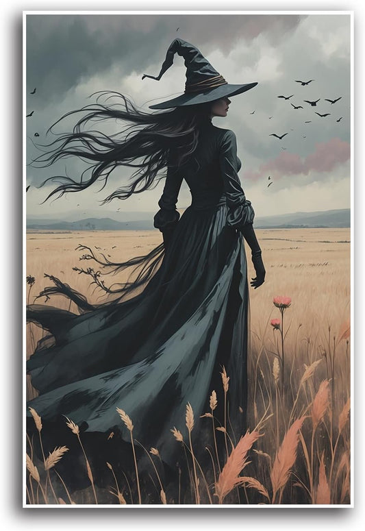 JFHCQJPK Gothic Decor Canvas Wall Art Witch in Rice Field Halloween Art Decor Print Nature Print Victorian Home Bedroom12x16in Frameless