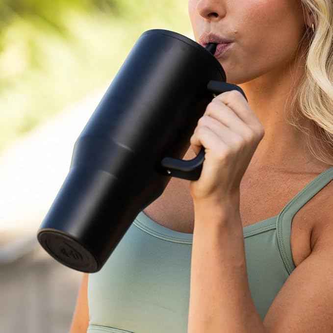HydroJug Traveler - 32 oz Water Bottle with Handle & Flip Straw - Fits in Cup Holder, Leak Resistant Tumbler-Reusable Insulated Stainless Steel & Rubber Base - Gifts for Women & Men, Black