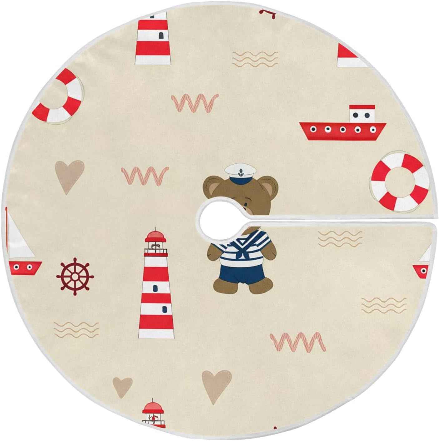 Cute Beer Christmas Tree Skirt 47.2 Inches Large Xmas Tree Mat Holiday Ornaments Tree Base Cover for Winter Home Party Decorations