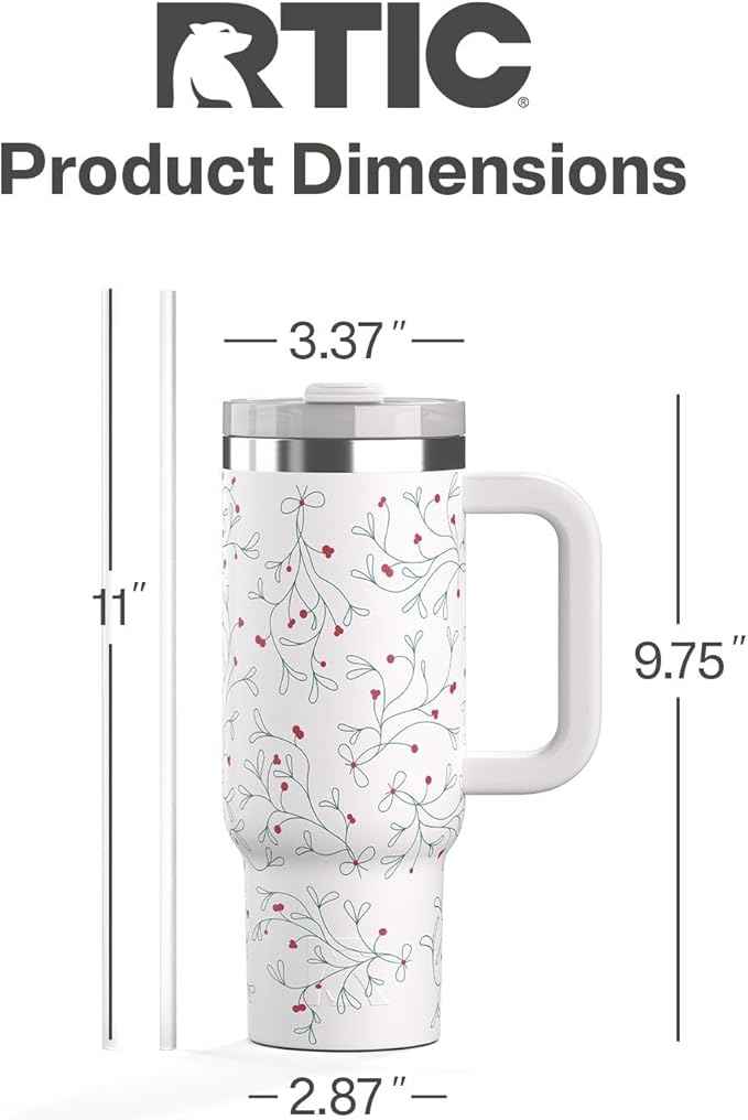 RTIC 30 oz Road Trip Tumbler Double-Walled Ceramic Lined InsulatedStainless Steel Portable Travel Coffee Mug Cup with Lid, Handle and Straw, Mistletoe