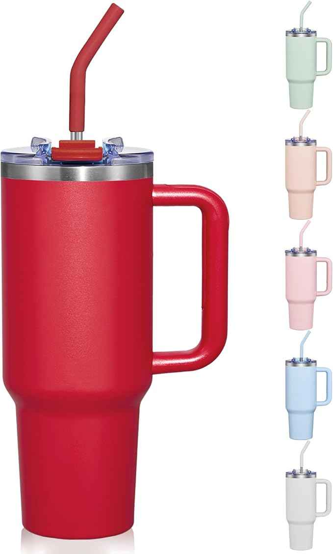 COKTIK 40 oz Tumbler With Handle and Straw, Insulated Tumbler With Leakproof Lids, Stainless Steel|BPA-Free, Cold for 24 H (Red)