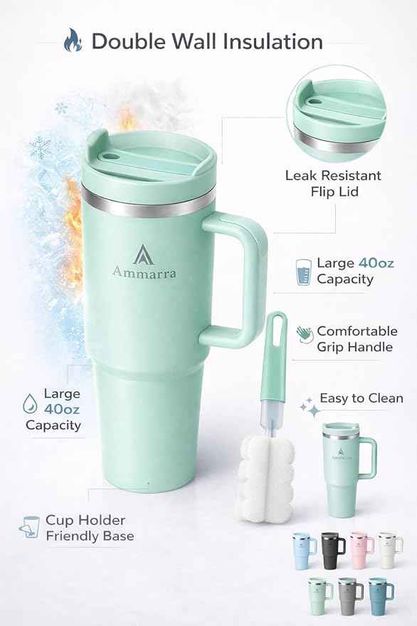 40oz Stainless Steel Vacuum Insulated Tumbler with Handle and Straw, Large Capacity Insulated Cup (Lime Green)