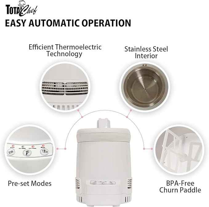 Total Chef Ice Cream Factory Automatic Electric Ice Cream Maker, 1.3 qt (1.2L), White, Make Easy Homemade Frozen Yogurt, Sorbet, Gelato with Fresh Ingredients, No Salt or Pre-Freezing Needed,TCIF06-A