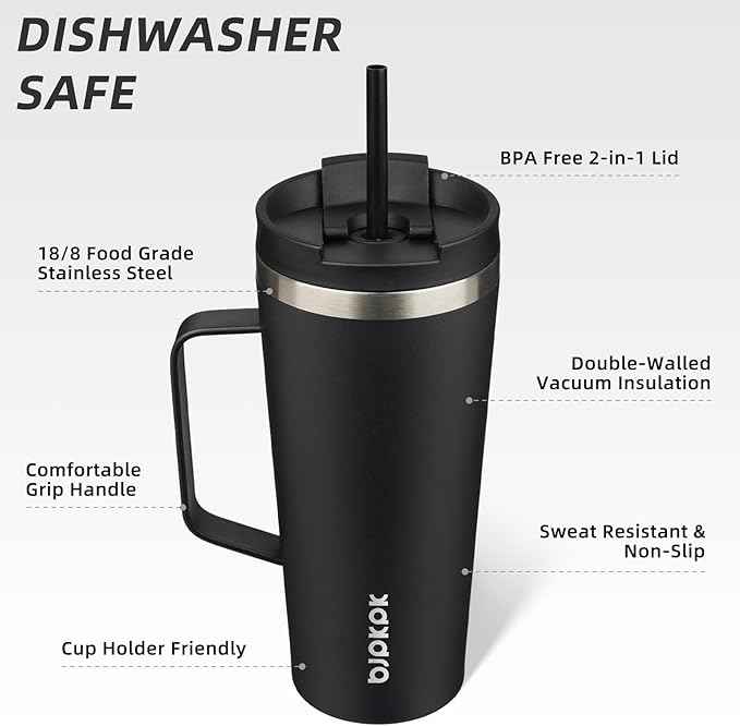 BJPKPK Insulated Tumbler with Handle, 22oz Insulated Tumblers with Lid and Straw, Stainless Steel Metal Water Bottles, Coffee Travel Mugs, Cups, Black