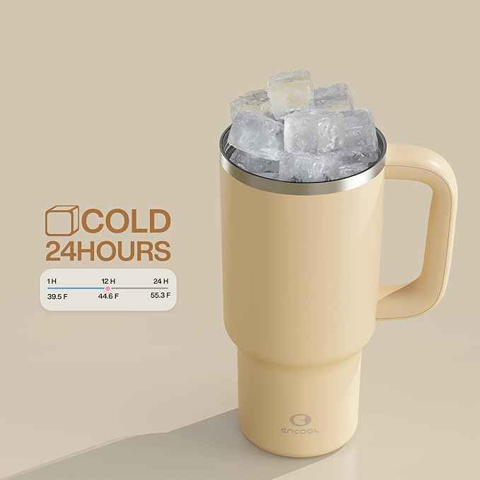 ENCOOL 32 oz Tumbler with Handle and Straw: Stainless Steel Insulated Tumbler Keeps Cold for 24 Hours, Leakproof Travel Cup Fits in Cup Holder and BPA-Free, Indian Khaki