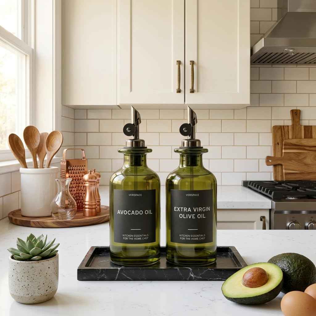 Verspace UV-Protected Green Glass Olive Oil Dispenser Bottles For Kitchen - 2 Pack - 12oz Includes 40 Kitchen Essential Labels, Avocado Oil Dispenser Set, Modern Decor for Home, Airbnb, Cafe