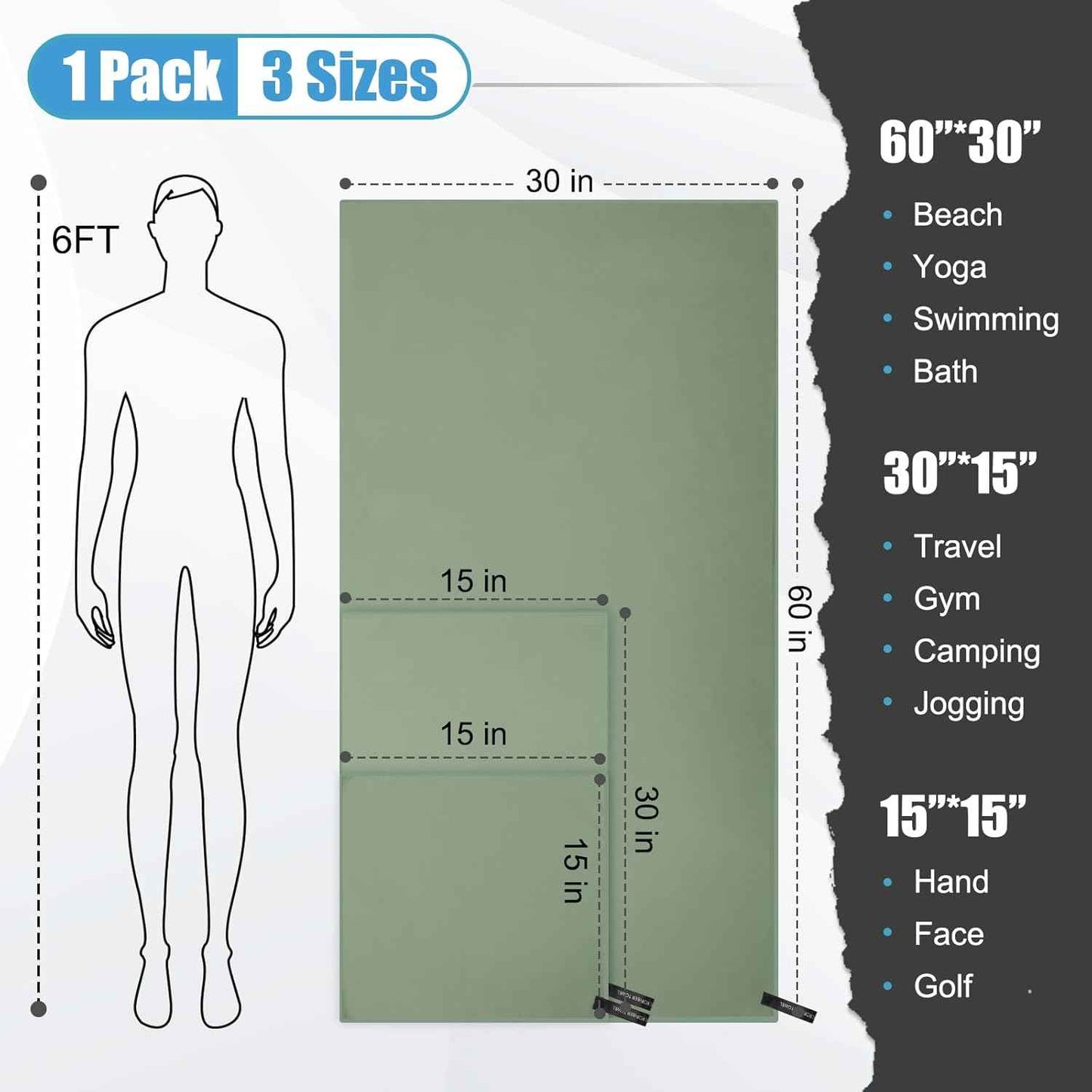 Quick Dry Travel Towel, 3 Sizes 1 Pack Camping Microfiber Towel, Lightweight Fast Drying Towels Set 60"x30", 30"x15", 15"x15" w/Bag for Gym, Beach, Hiking, Swimming, Army Green