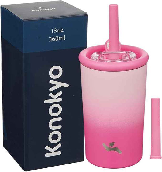 Konokyo 13oz Insulated Tumbler with Lid and Straw, Reusable Iced Coffee Cup with Lid, Travel Coffee Mug, BPA-Free, Leak-Proof and Durable, Cherry Blossoms