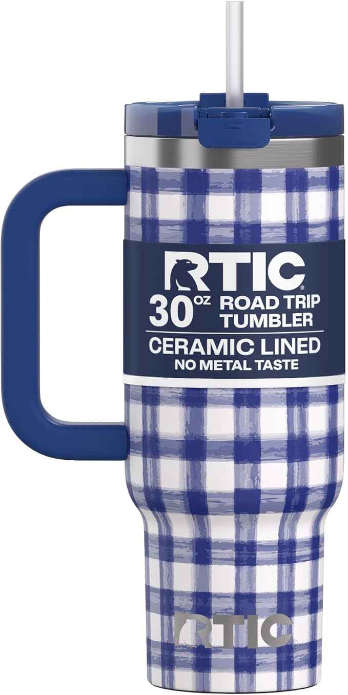 RTIC 30 oz Road Trip Tumbler Double-Walled Ceramic Lined InsulatedStainless Steel Portable Travel Coffee Mug Cup with Lid, Handle and Straw, Cobalt Gingham
