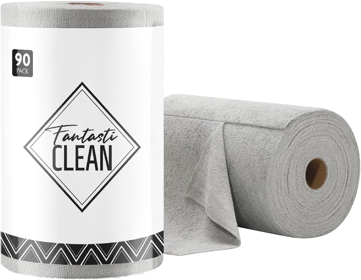 Fantasticlean Microfiber Cleaning Cloth Roll -90 Pack, Tear Away Microfiber Towels, 12" x 12", Reusable, Washable, Scratch Free, Ultra Absorbent Dish Rags for Car, Home, Garage or Shop (Grey)