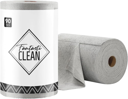 Fantasticlean Microfiber Cleaning Cloth Roll -90 Pack, Tear Away Microfiber Towels, 12" x 12", Reusable, Washable, Scratch Free, Ultra Absorbent Dish Rags for Car, Home, Garage or Shop (Grey)
