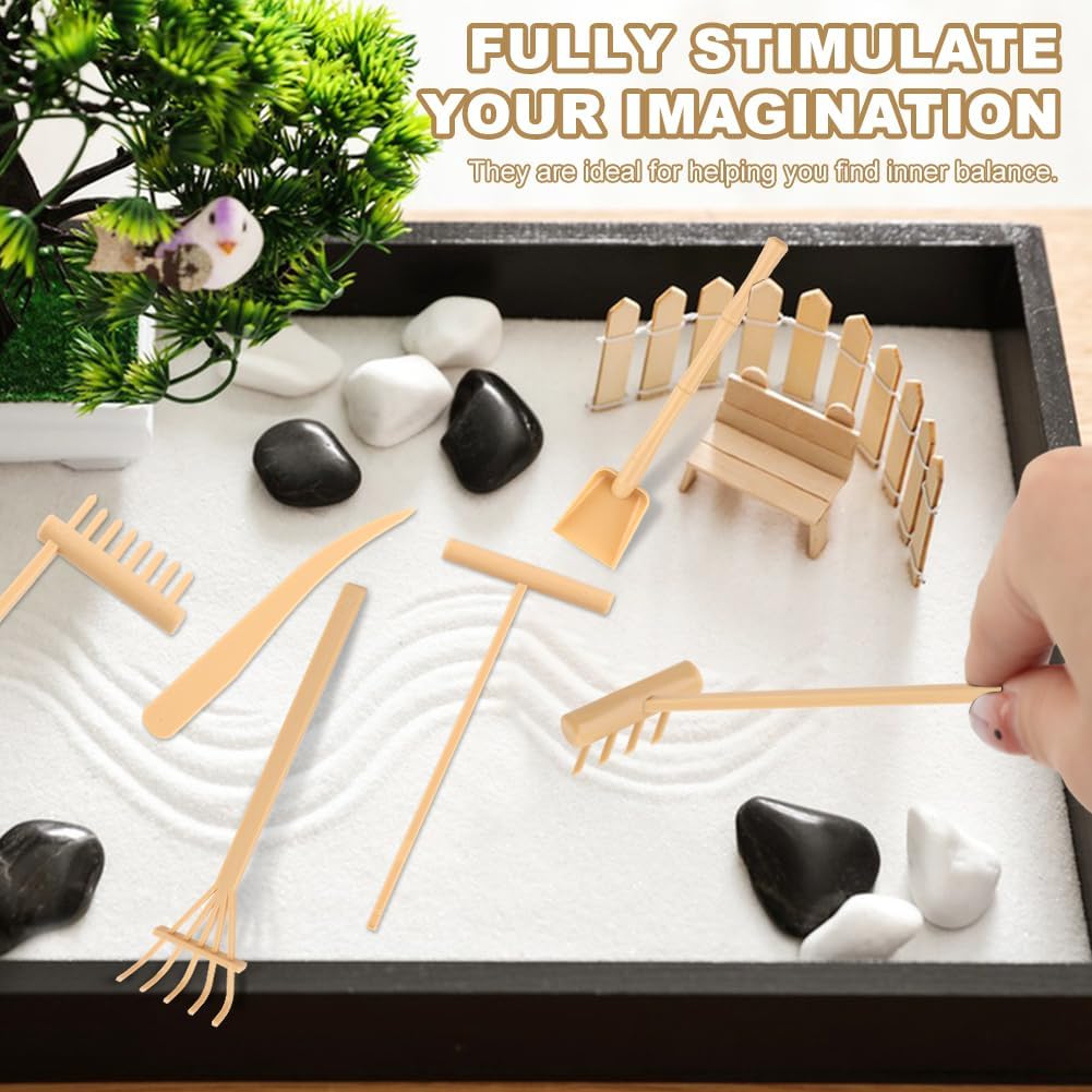 6 Pcs Mini Zen Garden Rake Tools, Miniature Tabletop Rock Zen Sand Rake Set with Pushing Drawing Pen 3 Small Rakes, Mini Sand Stamp Rakes, Meditation Rock Garden Accessories(Beige)