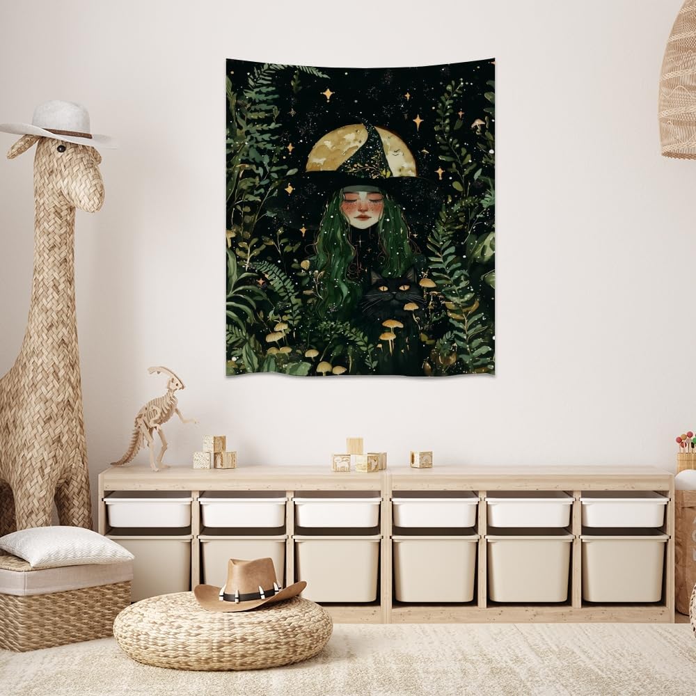 Moon Witch Tapestry Wall Hanging Mystical Botanical Green Print Dark Forest Witchy Decor Gothic Magical Black Cat and Moon Tapestries for Bedroom Living Room Dorm Decoration Aesthetic 60x80inch