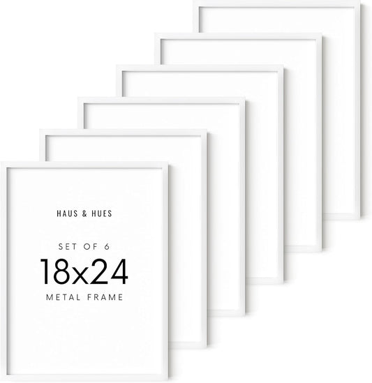 HAUS AND HUES 18x24 White Metal Picture Frames - Features Premium Aluminum, Vertical & Horizontal Hang, Shatterproof Plexiglass - Perfect for Home, Room, Office (18x24 in, White, Set of 6)