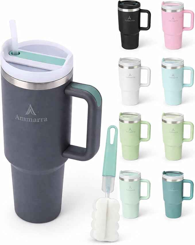 40oz Stainless Steel Vacuum Insulated Tumbler with Handle and Straw, Large Capacity Insulated Cup (Gray)