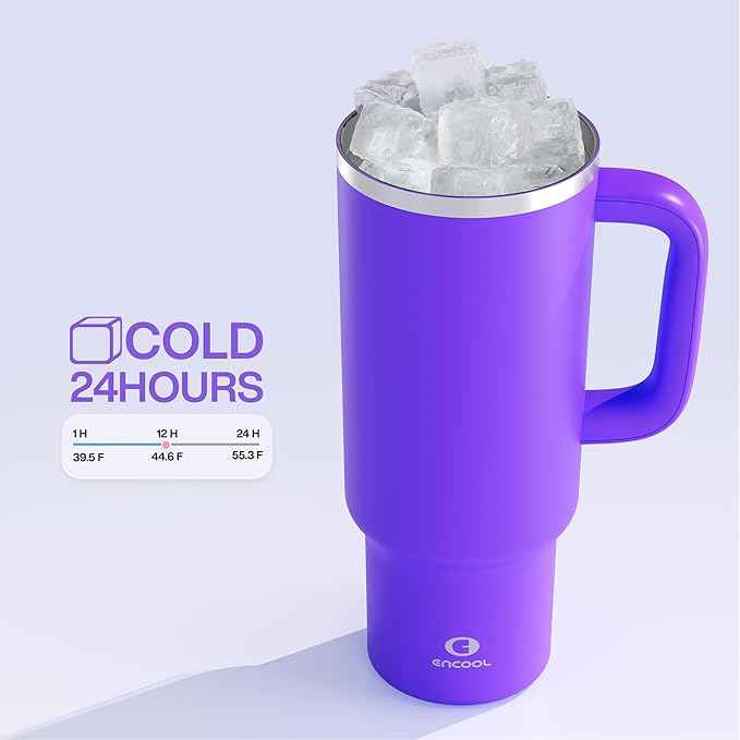 40 oz Tumbler with Handle and Straw: Stainless Steel Insulated Tumbler Keeps Cold for 24 Hours, Leakproof Travel Cup Fits in Cup Holder and BPA-Free,Violet