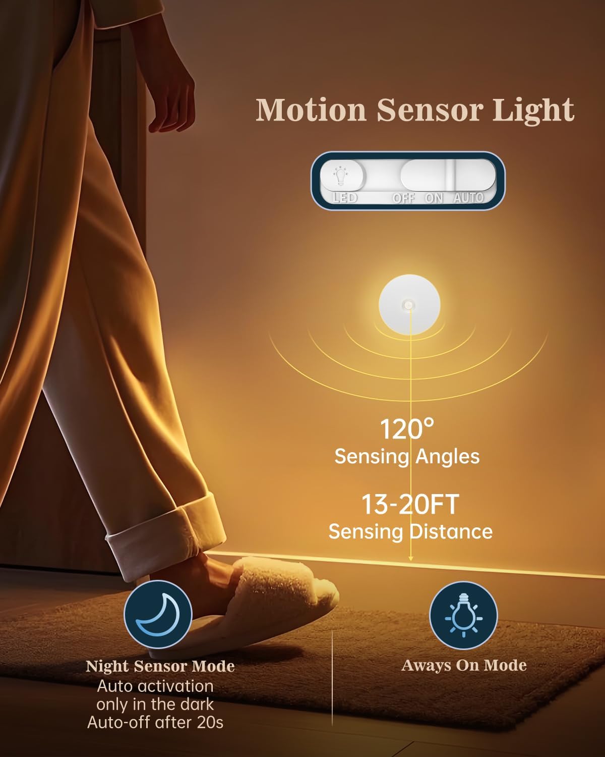 Yiliaw Motion Sensor Night Light, Rechargeable Stair Lights Indoor, Warm White with Wireless Magnetic Mount, Adjustable Brightness & 3 Color Temps for Hallway, Stairway, Bathroom, Closet (2 Pack)