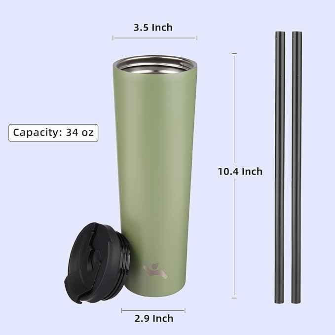 Konokyo 34 OZ Insulated Tumbler with Lid and 2 Straws Stainless Steel Water Bottle Vacuum Travel Mug Coffee Cup,ArmyGreen