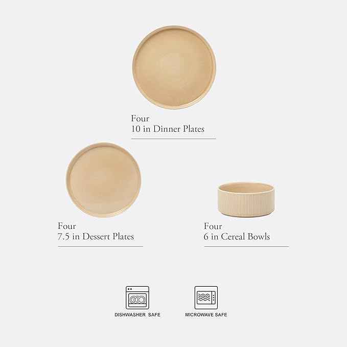 Gibson Elite Solana Coast 12 Piece Stoneware Reactive Glaze (Service for 4) Ceramic Plates and Bowls Modern Shape Embossed Dinnerware Set - Terracotta Orange