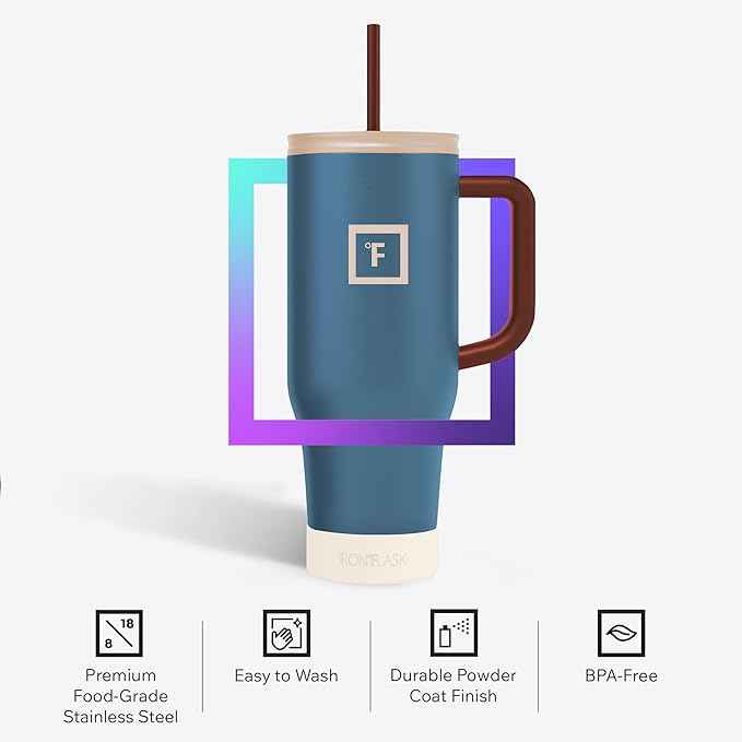IRON °FLASK Co-Pilot Insulated Mug w/Boot, Straw & Flip Cap Lids - Cup Holder Bottle for Hot, Cold Drink - Leak-Proof - Water, Coffee Portable Travel Mug - Azure Mist, 40 Oz