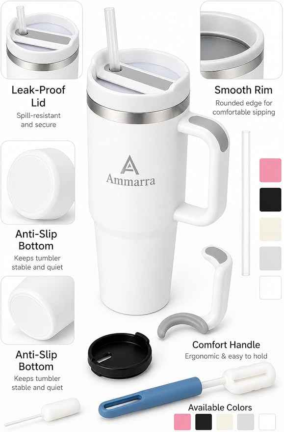 40 oz Tumbler with Handle and Straw | Insulated Stainless Steel Travel Mug with Leak Proof Lid | Cup Holder Friendly | BPA Free | Keeps Cold 12 Hours