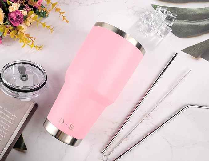 D·S 30 oz Pink Tumbler Stainless Steel Double Wall Vacuum Insulated Mug with Straw and Lid, Cleaning Brush for Cold and Hot Beverages (30oz Pink)