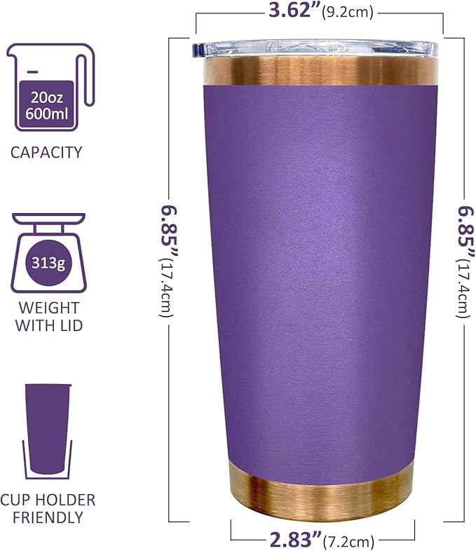 20 oz Tumblers Stainless Steel Tumbler with Lid and Straw Insulated Copper Coffee Mug for Laser Graving 21oz Powder Coated Cup(Purple,6 pack)