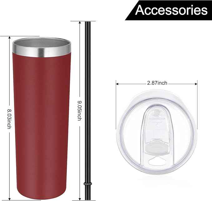 VEGOND 20 oz Stainless Steel Skinny Tumbler with Lids and Straws, 20oz Double Wall Insulated Slim Tumbler Cup for Cold Hot Drinks, Wine Red 1 Pack