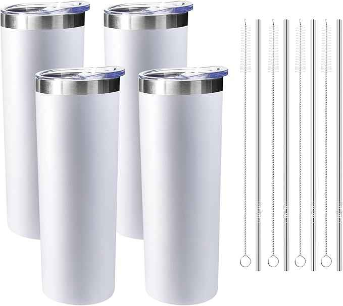 20 oz Skinny Tumblers with Lid and Straw,Stainless Steel Vacuum Insulated Tumbler Cup Double Wall Travel Coffee Mug, Thermal Water Tumbler for Hot and Cold Drinks(White,4)