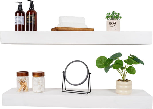 Floating Shelves 3 inch Thick for Wall Set of 2,Solid Pine Wood Wall Mount Shelf for Kitchen Living Room Bedroom Bathroom,8" D x 36" L x 3" H-White
