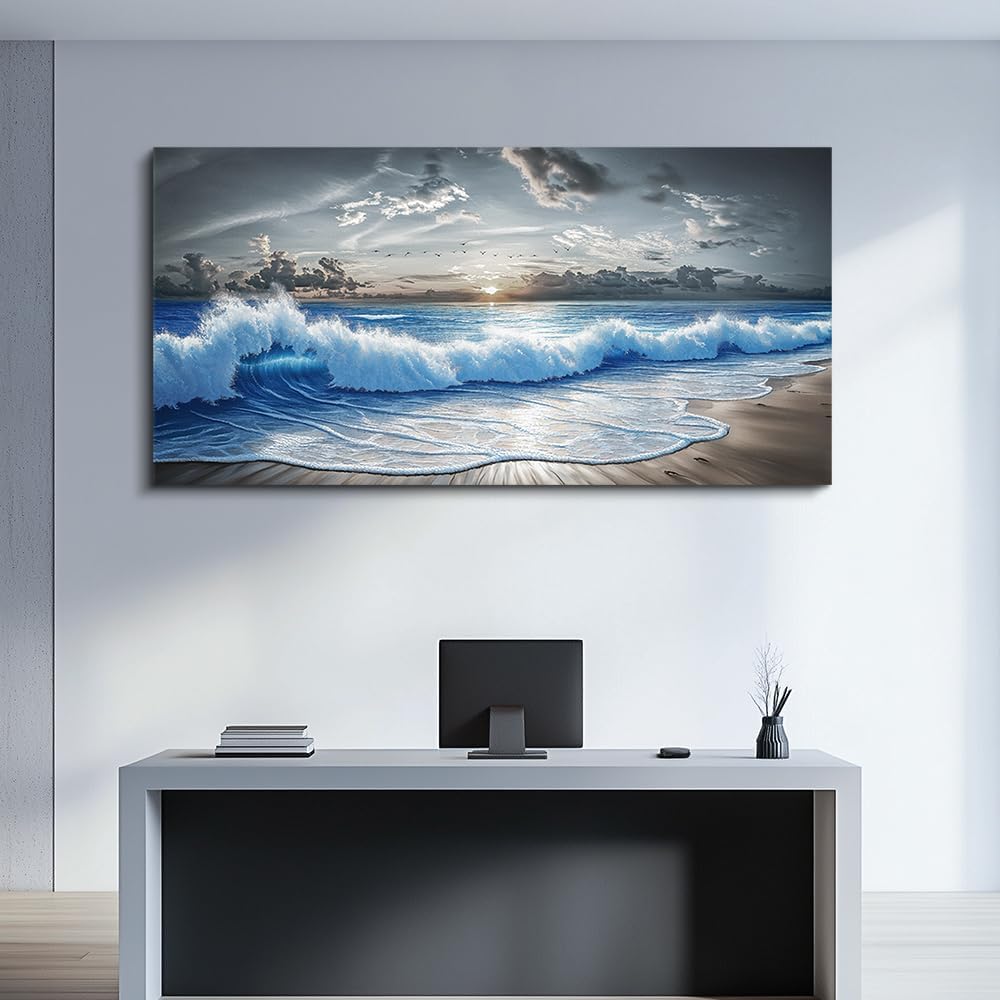 PHAOHUAXM Wall Decor For Living Room Wall Art For Bedroom Office Restaurant Decoration Black White And Blue Ocean Wave Landscape Painting Canvas Pictures Printing Artworks Modern Home Decor 20"X40"