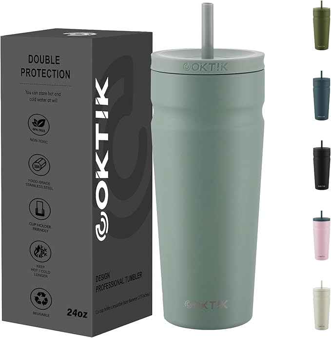 COKTIK 24oz Insulated Tumbler with Lid and Straw Iced Coffee Cup Reusable Stainless Steel Travel Mug Water Bottle Cupholder Friendly for Women Men Her Him (Bay Leaf)