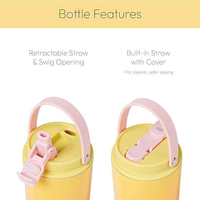 30oz Tumbler With Top Handle & Built-In Flip Straw + Sip Spout, Double Insulated Stainless Steel Water Bottle, 100% Leakproof & Reusable, Cup Holder Friendly Travel Coffee Mug (Pink Yellow)