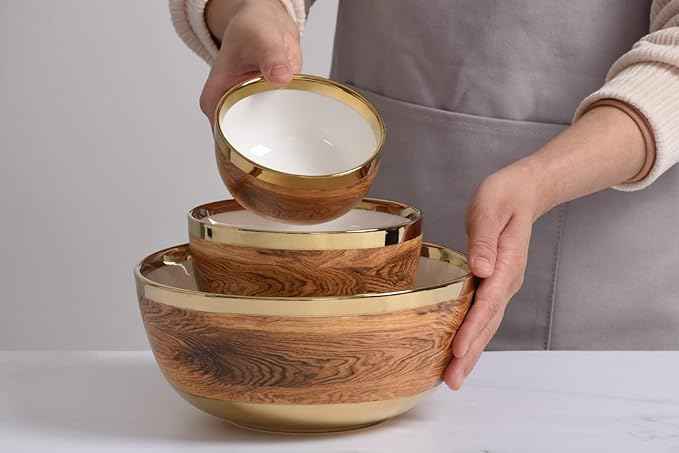 Pampa Bay Wood Look Titanium-Plated Porcelain Snack Bowl, 4.3 Inch, Gold/White/Wood look