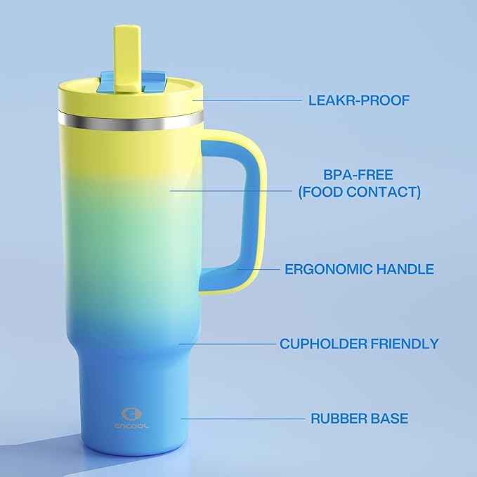ENCOOL 40 oz Tumbler with Handle and Straw: Stainless Steel Insulated Tumbler Keeps Cold for 24 Hours, Leakproof Travel Cup Fits in Cup Holder and BPA-Free, Soft Lagoon