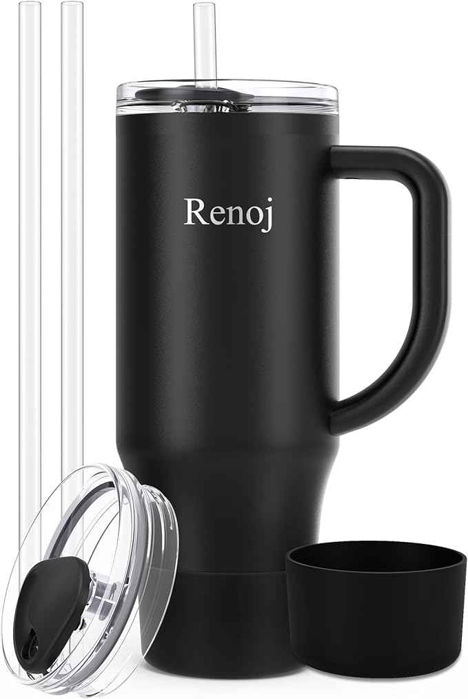 Renoj Insulated Mug 100% Spill Resistant Insulated Water Bottle for Iced Coffee & Hot Drinks - Fits Car Cup Holder, Ideal Gift, 2 Straws & Silicone Boot - FlexSlide White 40 oz