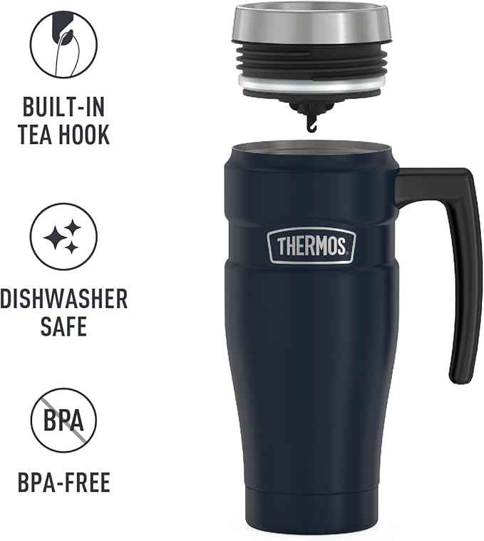 THERMOS Stainless King Vacuum-Insulated Travel Mug with Handle-16oz,Midnight Blue-Thermos Tumbler for Hot&Cold Drinks-Leak&Sweat-Proof Stainless Steel Coffee Mug with Lid for Commuting,(Pack of 4)